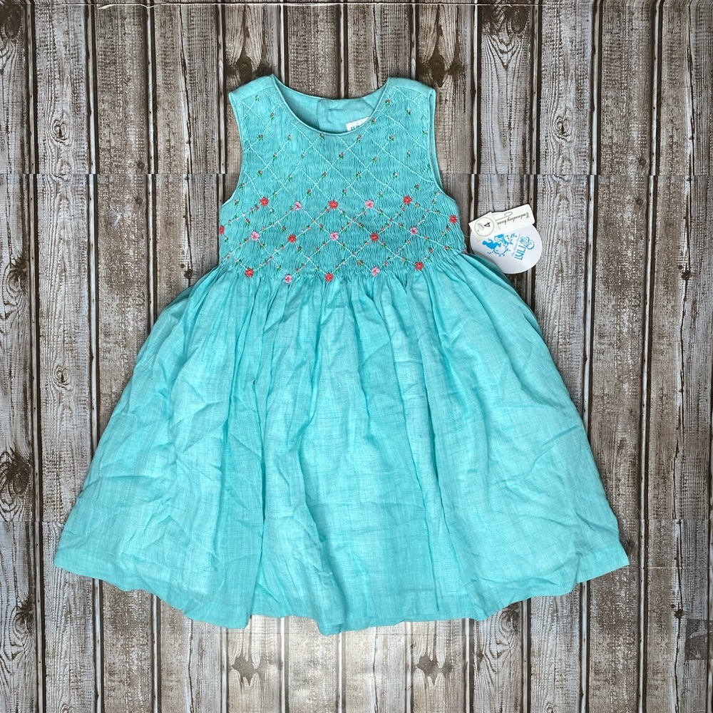 NWT Lulu & Me hand smocked turquoise dress size 4